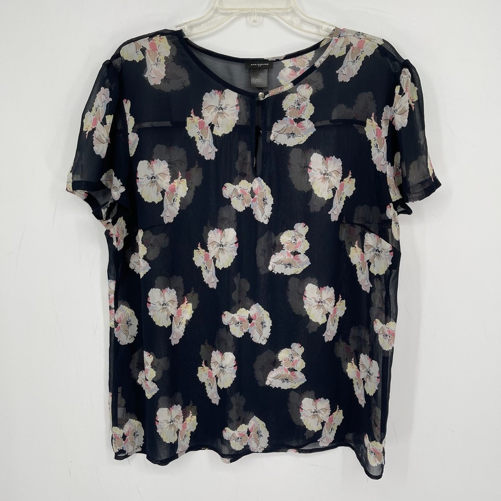 Ann Taylor Women's Black Floral Sheer Short Sleeve Keyhole Top Blouse Size XL